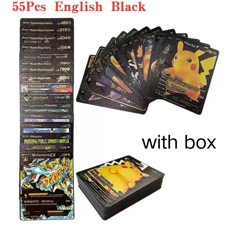 Pokemon Custom Display Cards - 55pc Gold & Black Foil Replicas - English Vmax GX Vstar Rare Metal-Style Collector’s Set