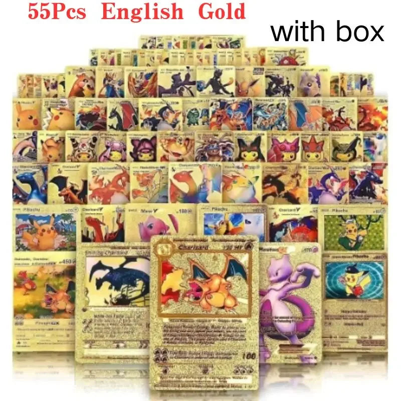 Pokemon Custom Display Cards - 55pc Gold & Black Foil Replicas - English Vmax GX Vstar Rare Metal-Style Collector’s Set