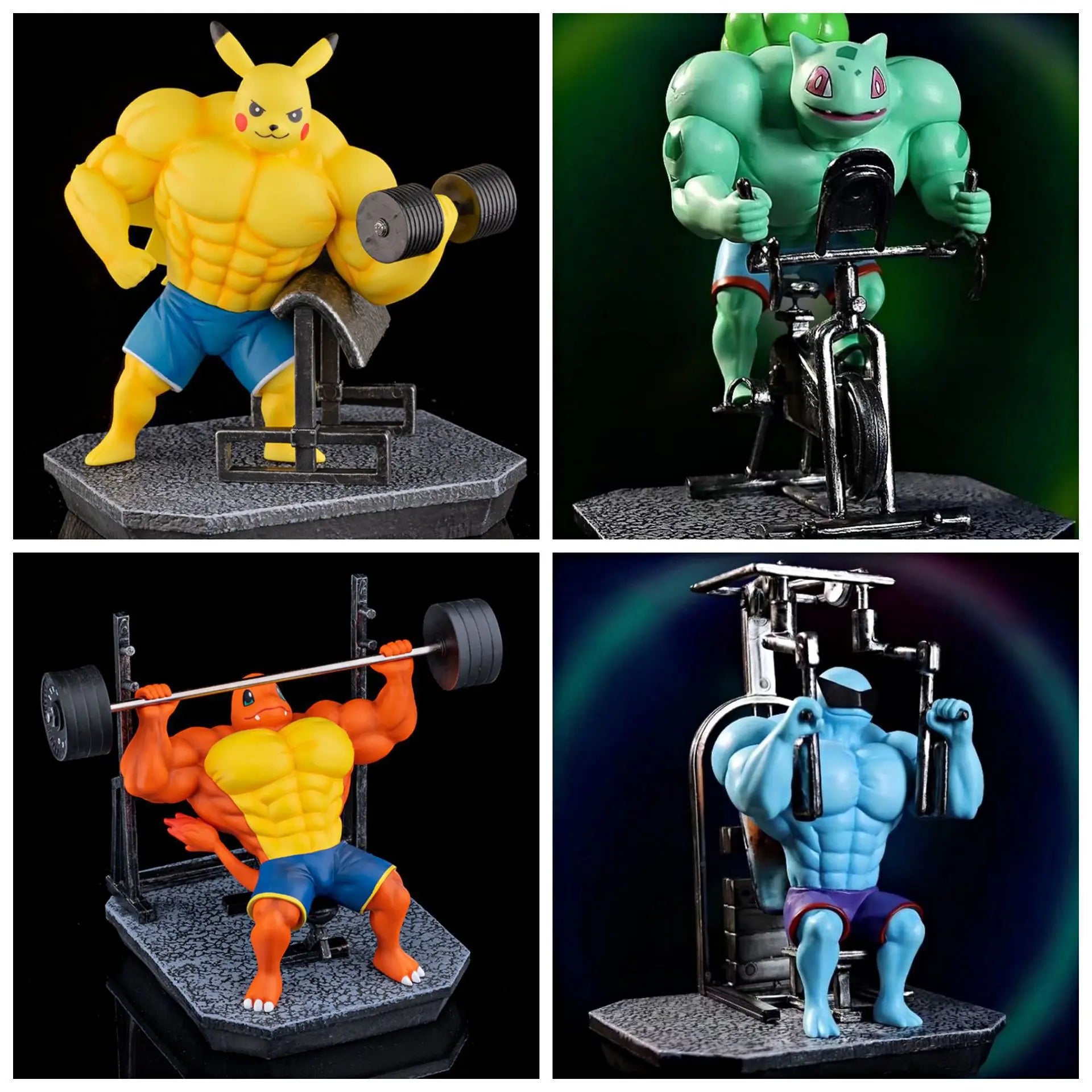 Potdemiel 17cm Muscle Pokemon Figure Set - Buff Pikachu, Charmander, Squirtle & Bulbasaur - Bodybuilding PVC Statue for Gym & Desk Decor