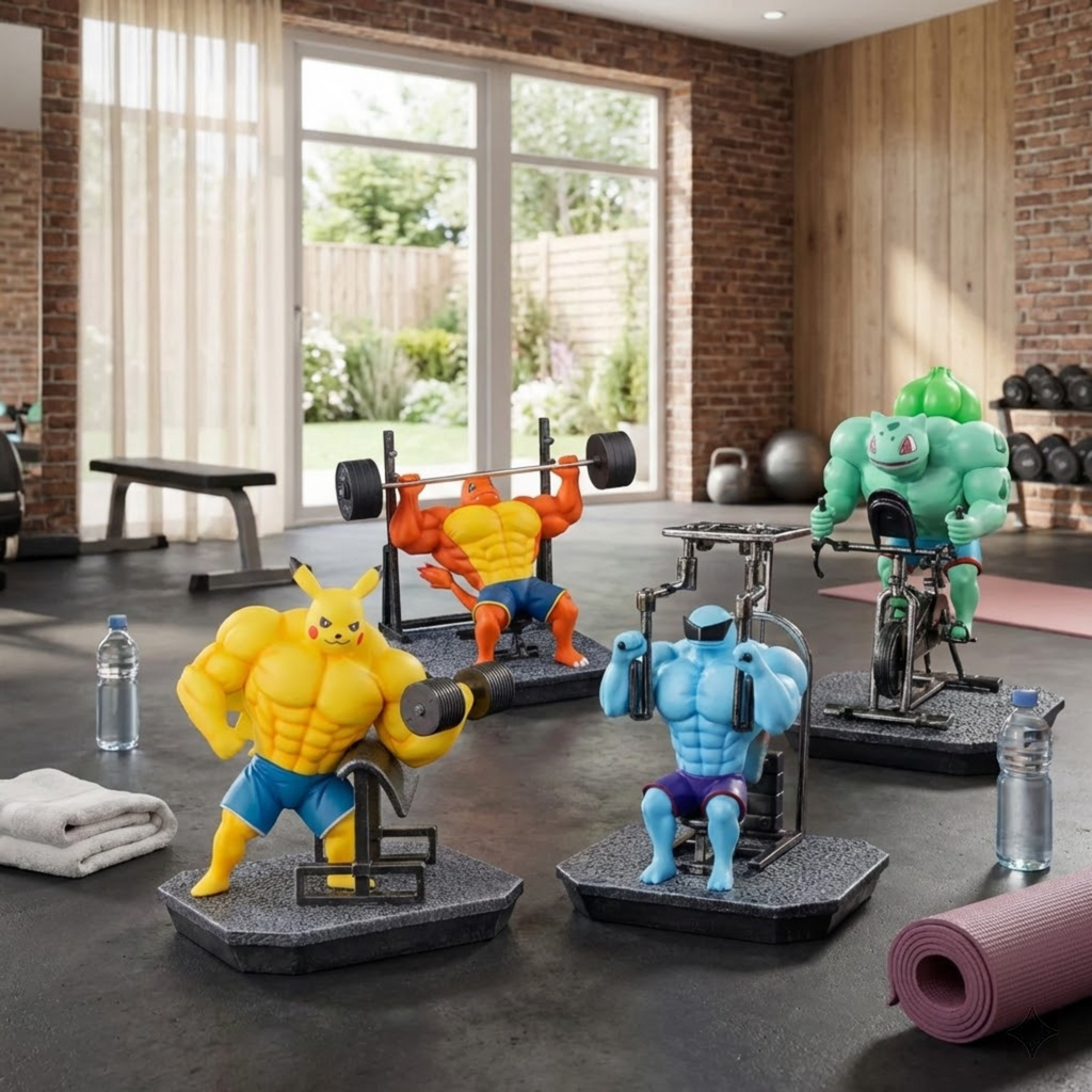 Potdemiel 17cm Muscle Pokemon Figure Set - Buff Pikachu, Charmander, Squirtle & Bulbasaur - Bodybuilding PVC Statue for Gym & Desk Decor